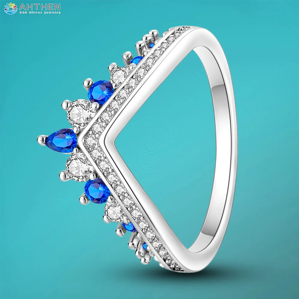 Ahthen 925 Sterling Silver Ring Pavé Blue and White Cown Ring Original 925 Silver Women Ring Engagement Rings