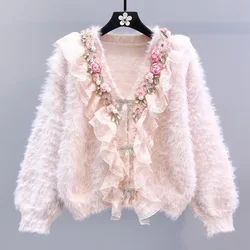 Women V-neck Pink 3d Floral Diamonds Beaded Knitted Cardigan Autumn Pearls Beaded Sweaters Long Sleeve Mohair Sweater Coat Tops