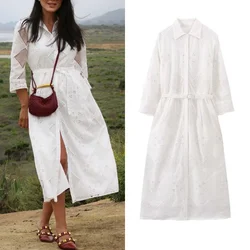 TRAF White Midi Dress manica lunga camicia ricamata abito Casual Beach Vacation Fashion Chic women's Dress 2024 nuovo stile