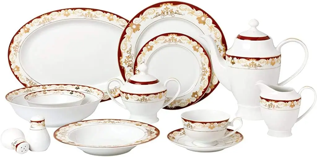 

57 Piece 'Mabel' Bone China Dinnerware Set (Service for 8 People), Burgundy