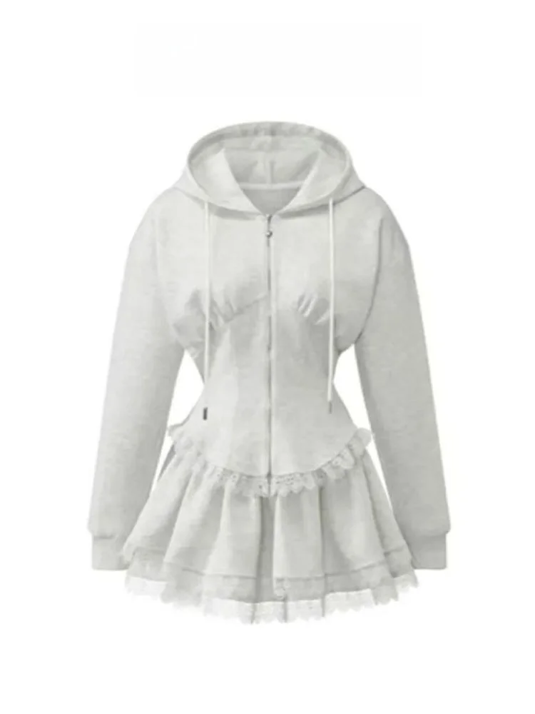 

Korean Sweet Grey Puffy Short Skirt Women Spring Pure Desire Lace Trim Waist Shaping Top Sweatshirt Half-length Skirt Set