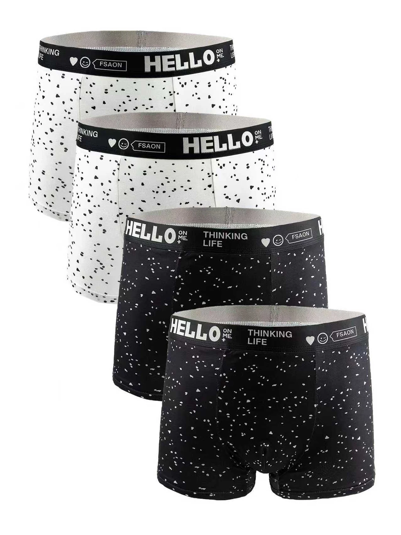 

A 4-piece set of polka dot men's underwear in black and white, paired with versatile and fashionable men's boxer shorts