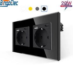 Bingoelec EU Power Socket Electrical Outlets with USB Type-C Phone Fast Charger Port 3.1A 20W Wall Schuko Crystal Glass Panel