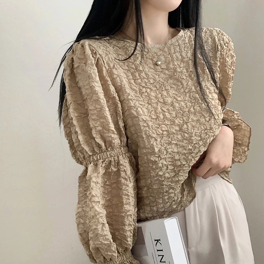 

Korean Style Women's Bubble Sleeve Sun Protection Shirt round Neck Lantern Sleeve Top Short Length Straight Cut Summer Fashion