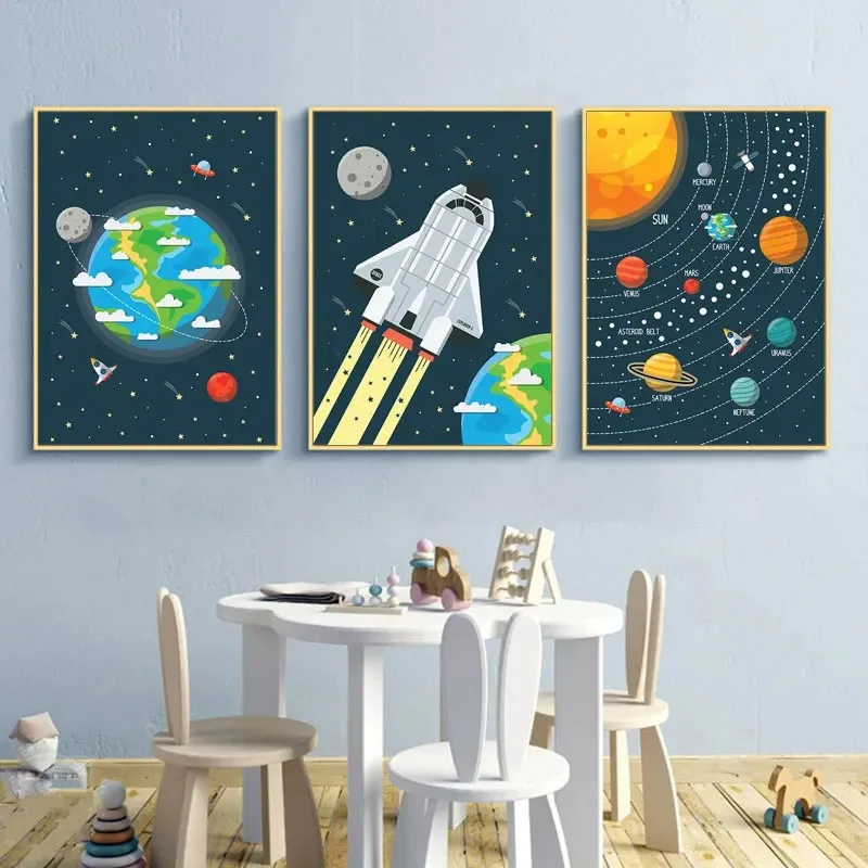 Nursery Solar System Earth Canvas Painting Planet Space Shuttle Wall Art Poster and Prints for Bedroom Pictures Home Decor