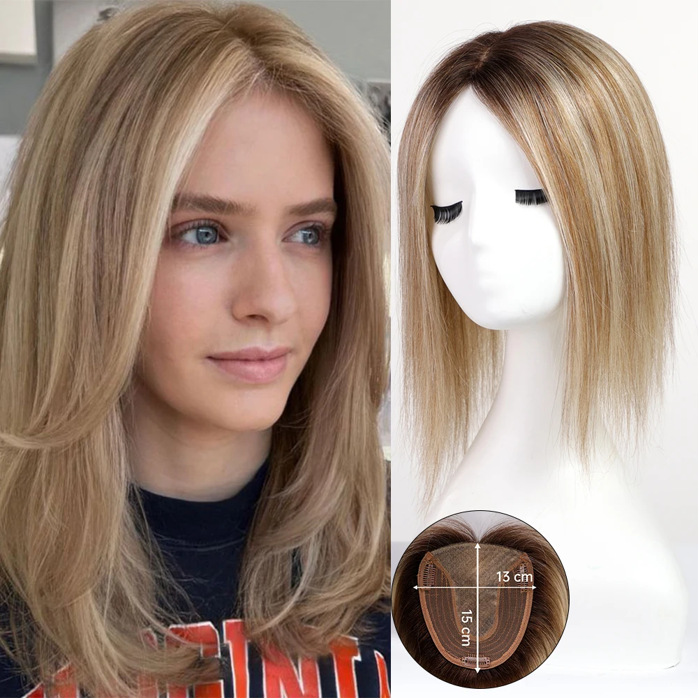 Golden Brown Blonde Remy Human Hair Toppers Clips in Lace Base Topper Hair Pieces for Women with Thinnig Hair Extensions 12 Inch