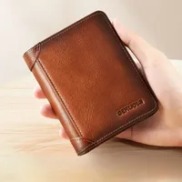 Men Wallet Genuine Leather Rfid Blocking Trifold Wallet Vintage Thin Short Multi Function ID Credit Card Holder Male Purse Money