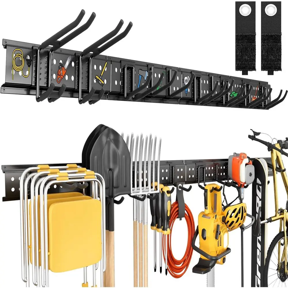

66-Inch Heavy-Duty Wall-Mounted Garage Tool Organizer with 10 Hooks for Storage and Yard Tools