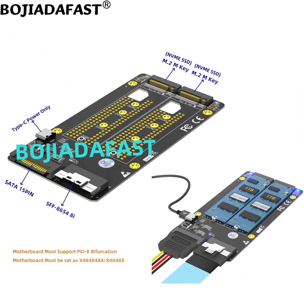 Slimline SFF-8654 8i Connector To Dual NGFF M.2 Key-M 2280 M2 NVME SSD Adapter Card (Motherboard Must Support PCI-E Bifurcation)