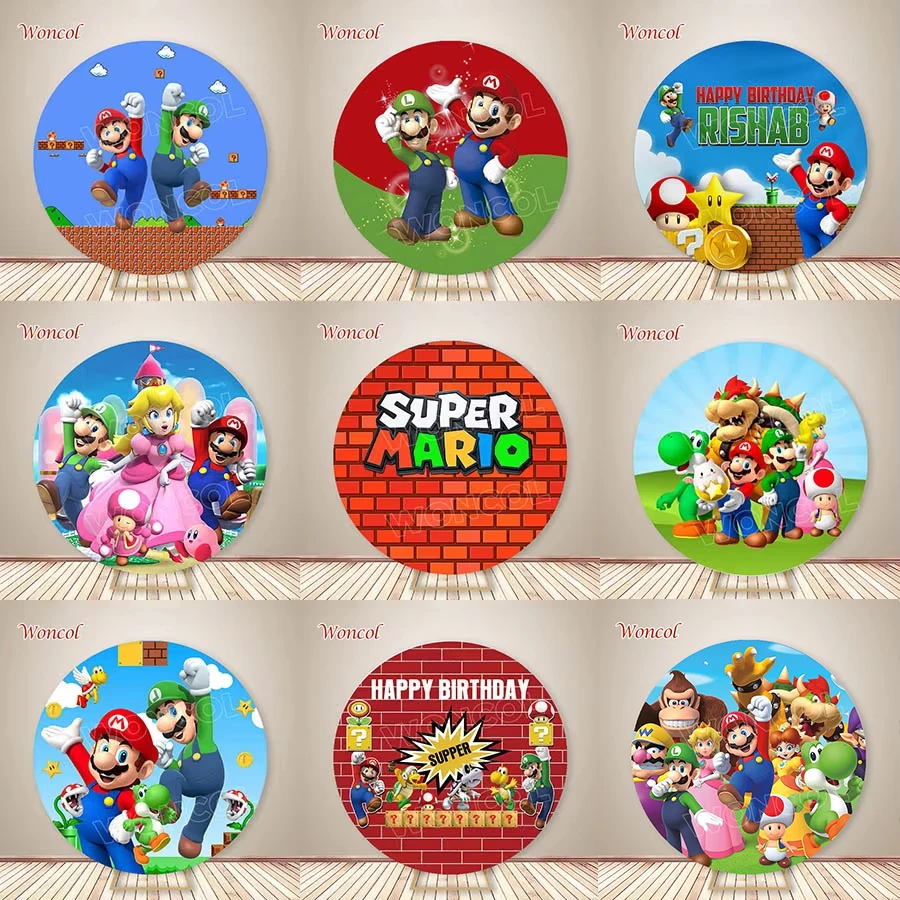 Mario Luigi Round Cover Super Mario Birthday Circle Backdrop Yoshi Toad Peach Princess Background Boy Girl Baby Shower Decor