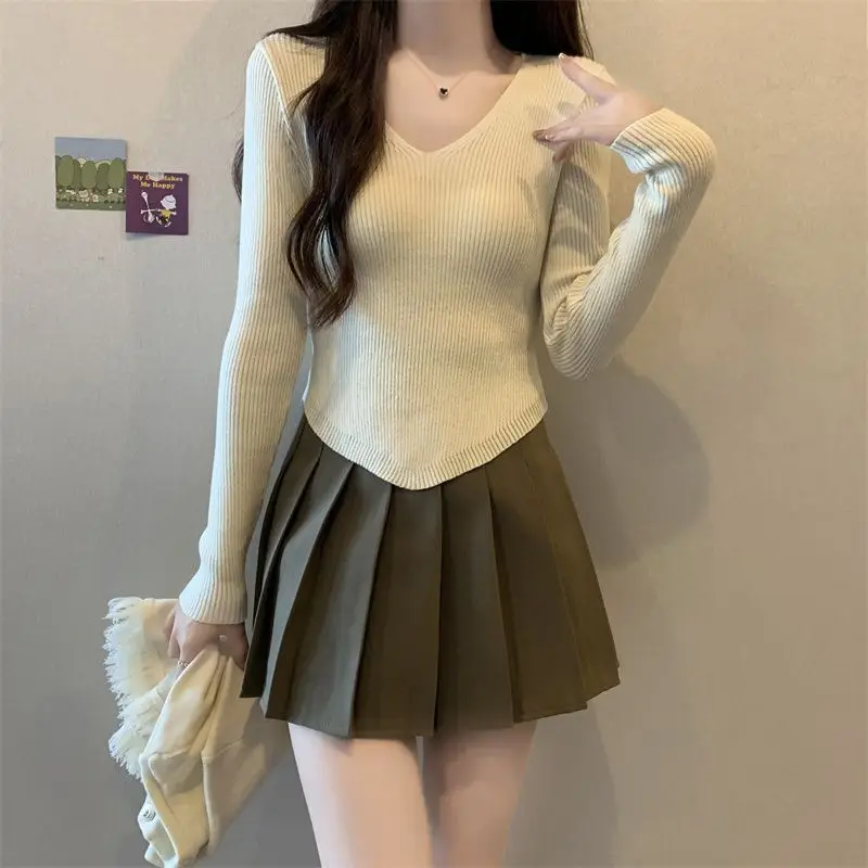 Irregular Knitted Two-piece Set Autumn Winter New Solid Slim Korean Tassel Patchwork Sweater Fashion Vintage Trend Women Clothes