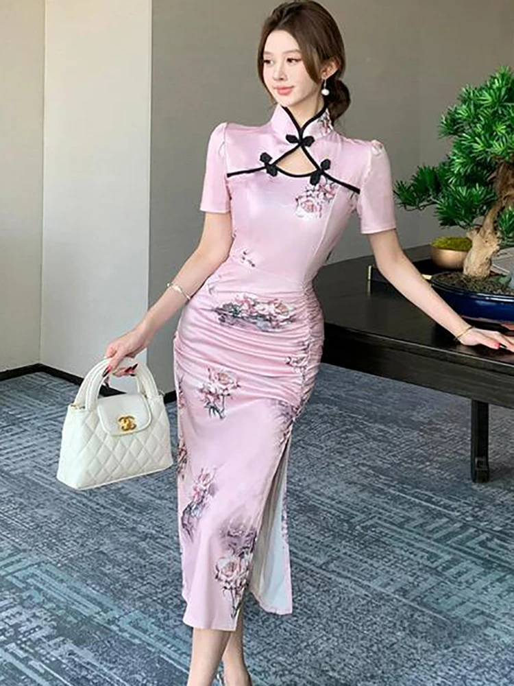 夏ピンクの花サテン高級ロングドレス女性半袖中空アウトスタンドカラードレス 2025 韓国ファッション高級 Vestidos