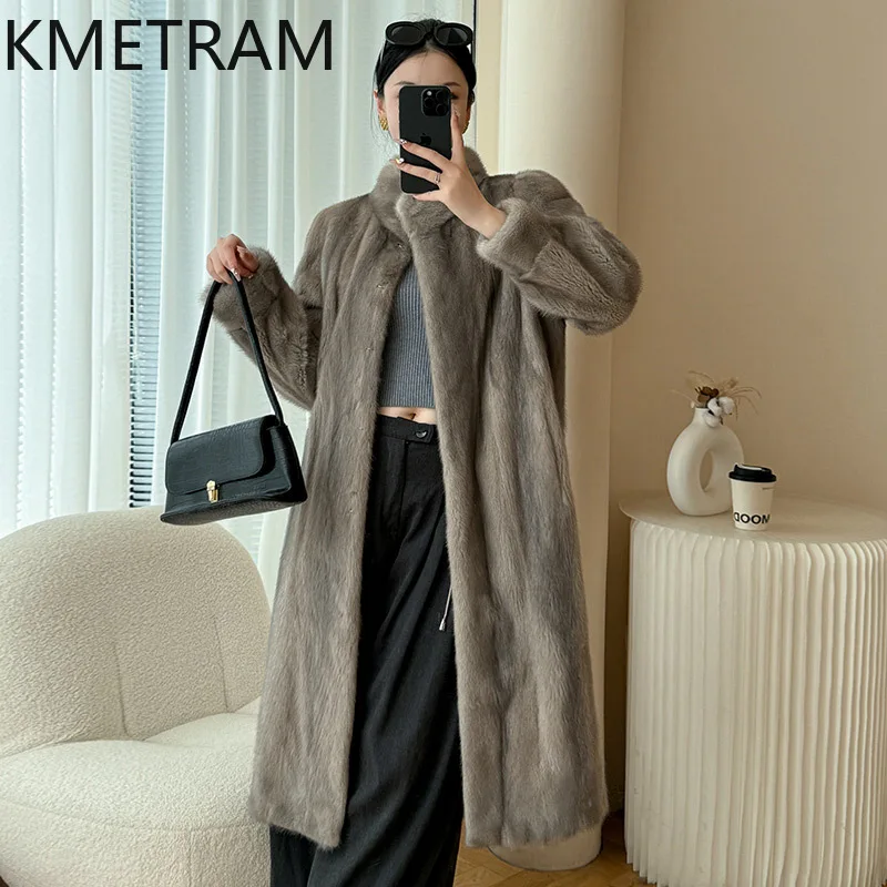 진짜 밍크 모피 코트 여성 고급 회색 롱 퍼 재킷 고품질 겨울 여성 의류 스탠드 칼라 퍼 재킷 2025 푸루르