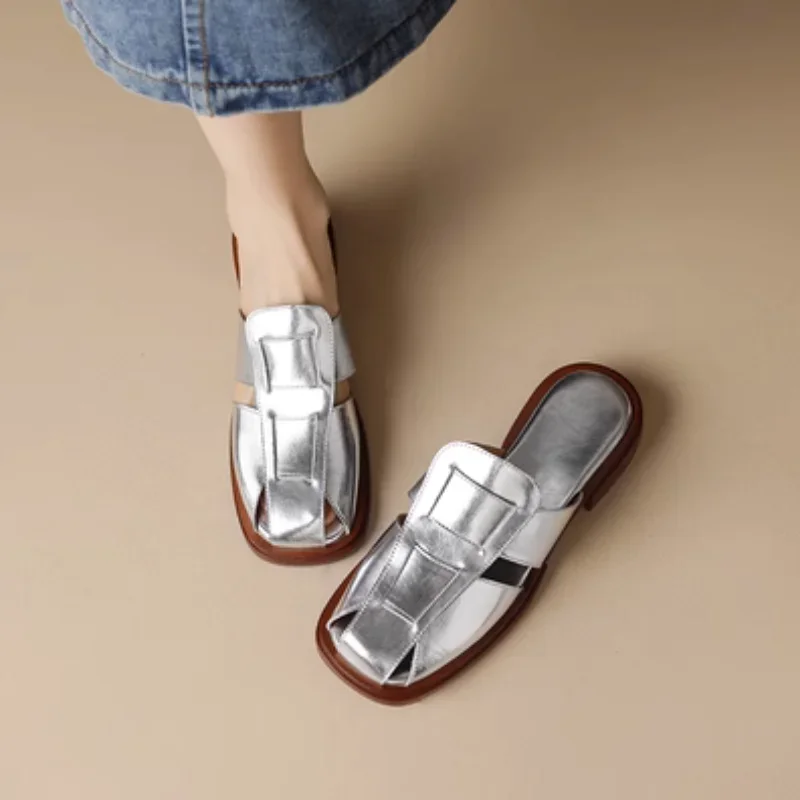 2023 Vrouwen Slippers Mode PU Leer Platte Sandalen Dames Zomer Effen Kleur Merk Hoge Kwaliteit Casual Hollow Out Geweven Schoenen