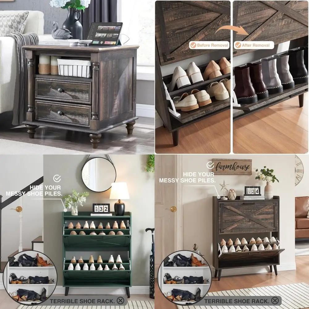 طاولة نهاية على طراز المزرعة مقاس 24 بوصة مع 4 أرجل من الخشب الصلب وأدراج واسعة ومحطة شحن