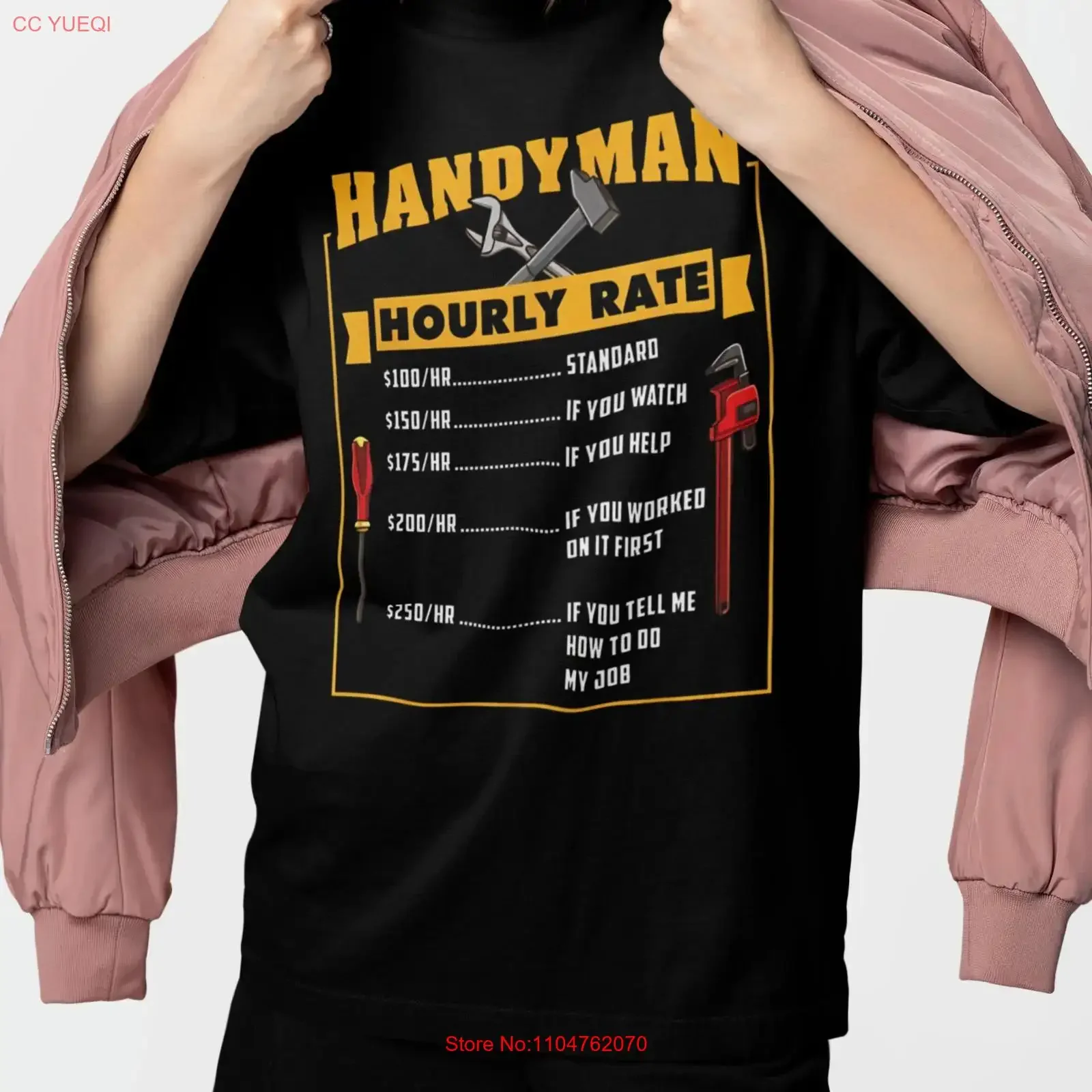 Handyman Hourly Rate T Shirt Funny Contractor Quote Mechanic Pl long or short sleeves vintage Washed designer clothes Unisex