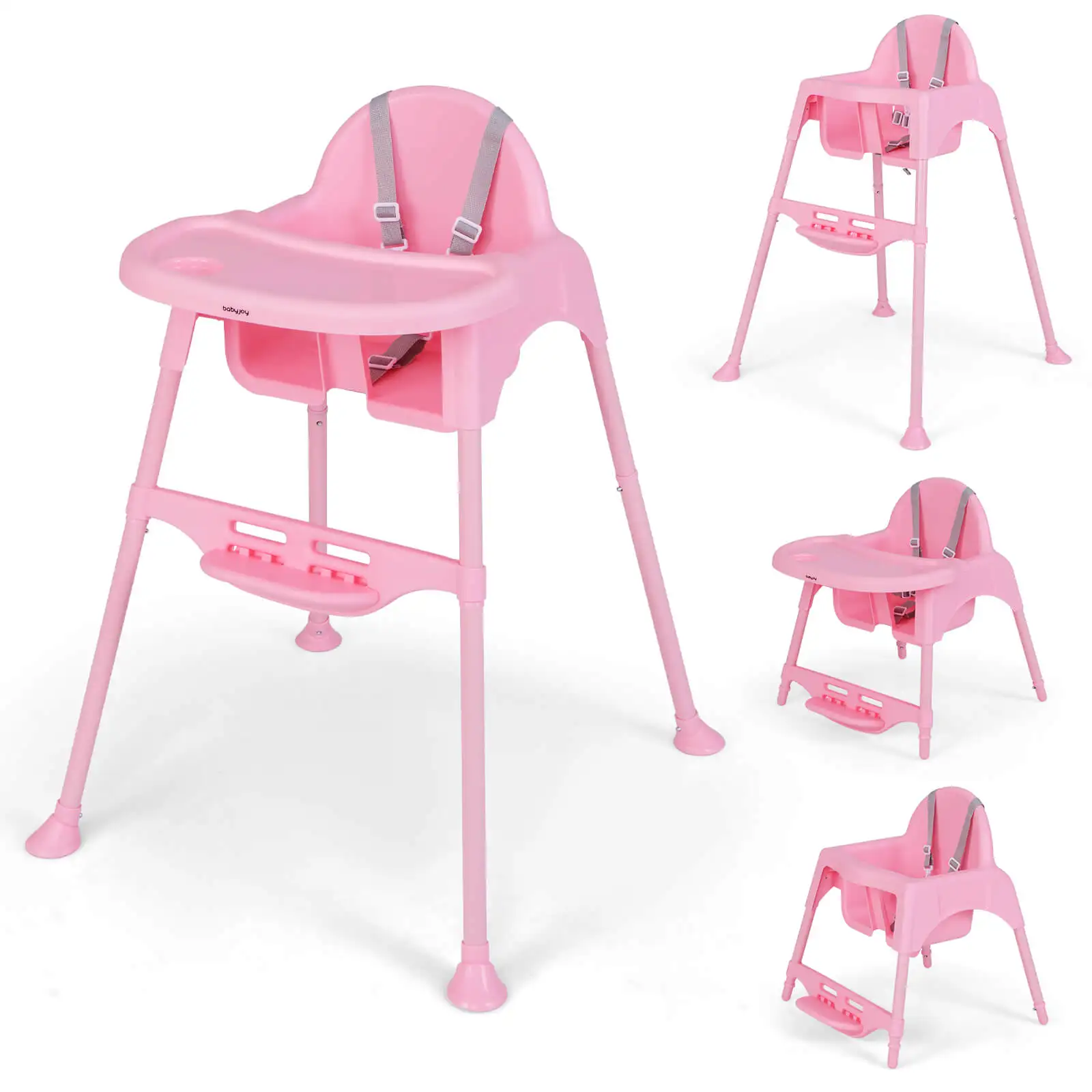 4 in 1 High Chair for Babies & Toddlers w/Safety Harness Removable Tray Footrest