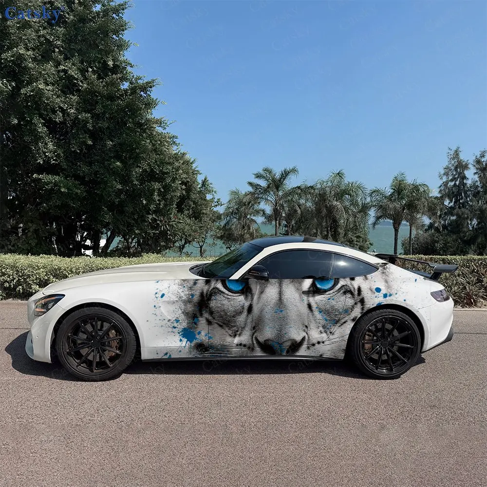 

2pcs Blue Eyed Leopard Car Sticker, Full Body Floral Decoration Covering Scratches, Waterproof Car Sticker. Car Vinyl Wraps