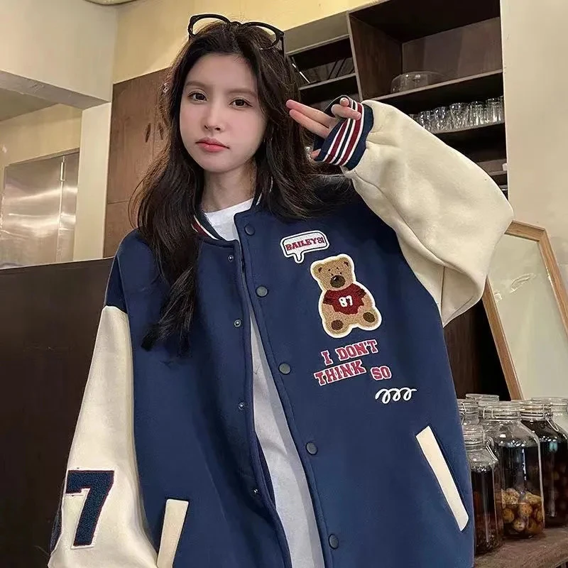 Female Trend Couple Outwear Bomber Jacket Spring Cute Baseball Loose Embroidery Women Korean Streetwear Fashion Oversized Coat