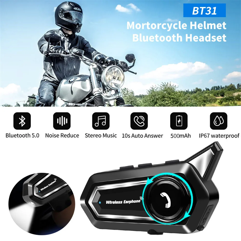 

BT31 Bluetooth 5.0 Motorcycle Helmet Headset Stereo Voice Control Hands Free Call 500mAh IPX6 Waterproof For Riding Skiing