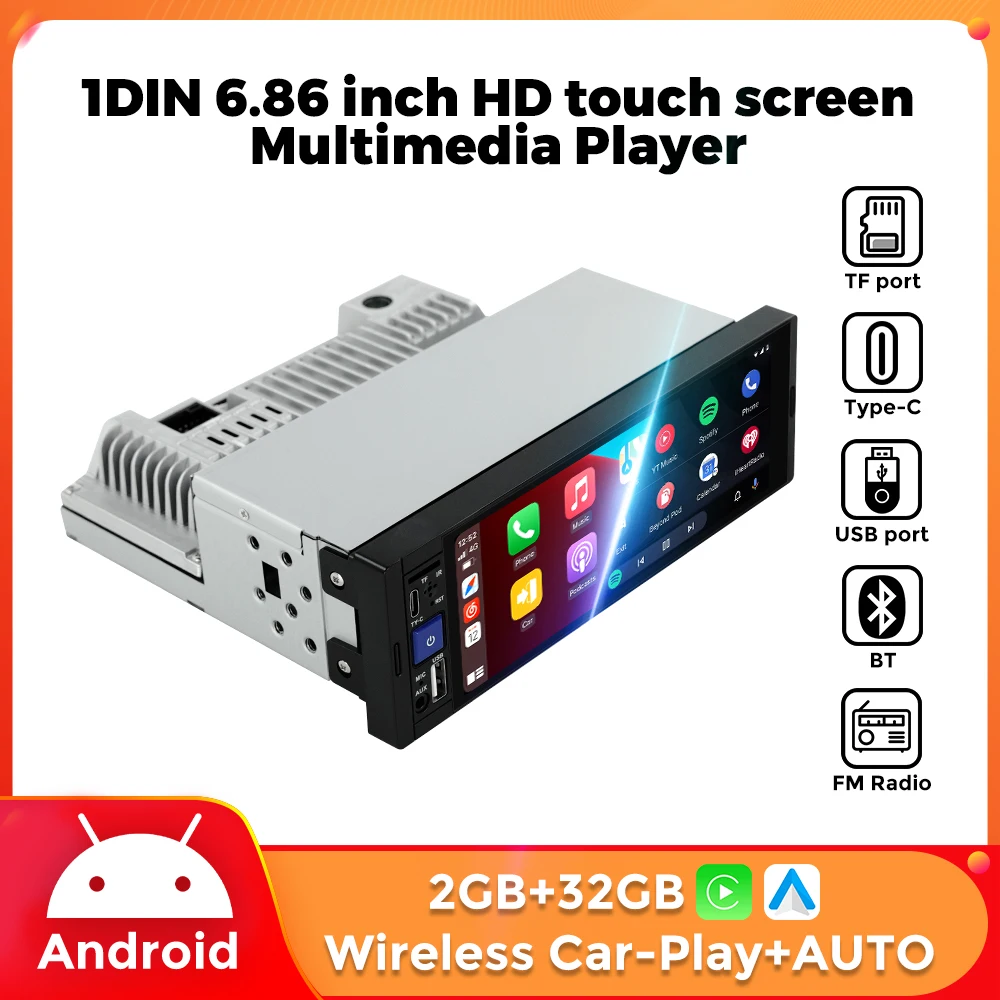 1 Din Android 13 Car Multimedia Touch Srceen Wireless Carplay Android Auto Car Radio for Apple Or Android Video Stereo Car Radio