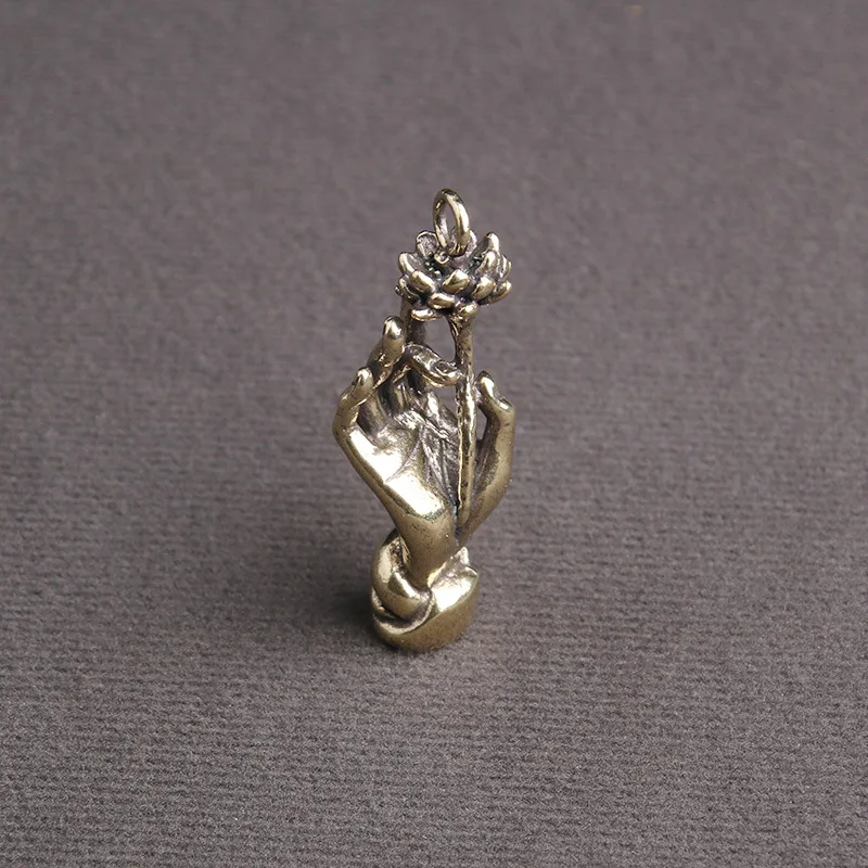 Brass Retro Guanyin Buddha Hand Lotus Keychain Creative Pendant