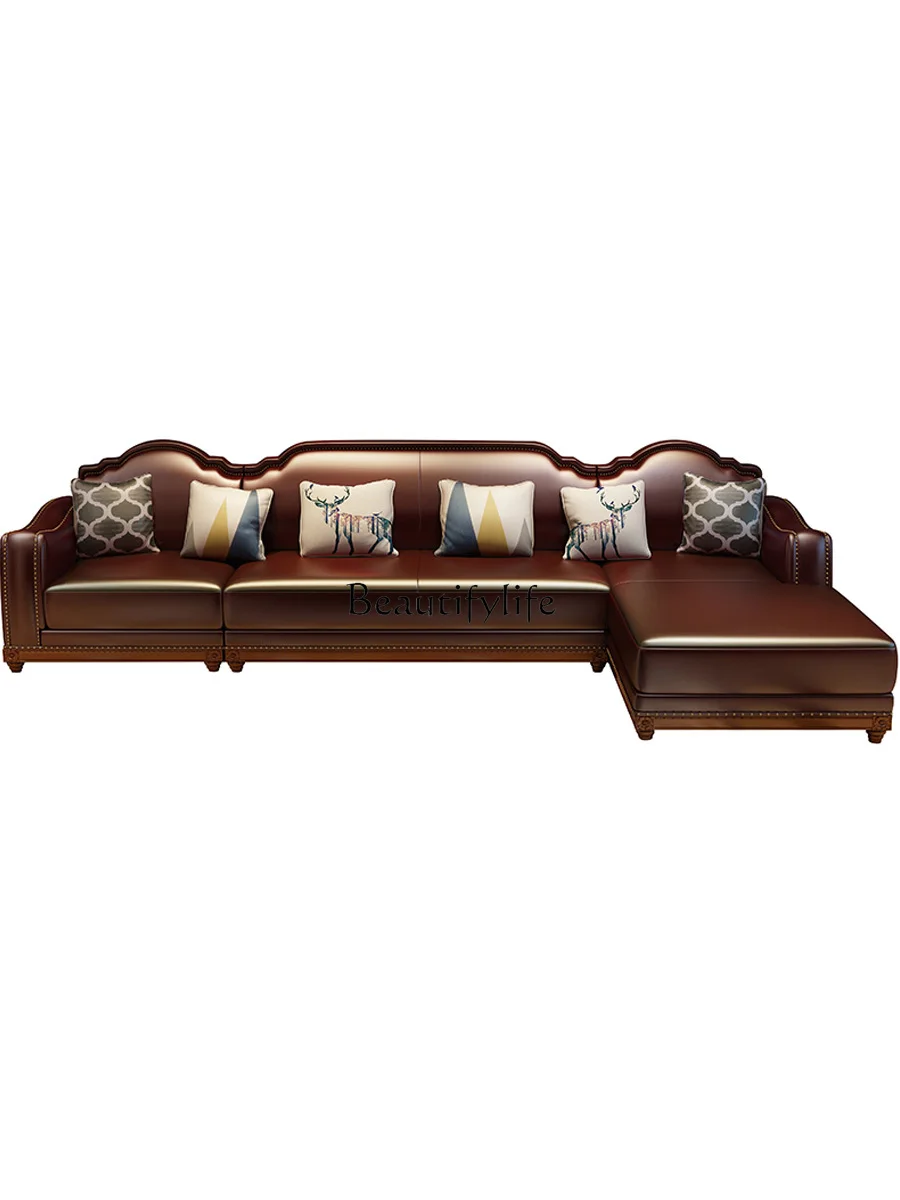 

American Leather Sofa Living Room High-End Luxury Retro Style Large and Small Apartment Type Combination Solid Wood