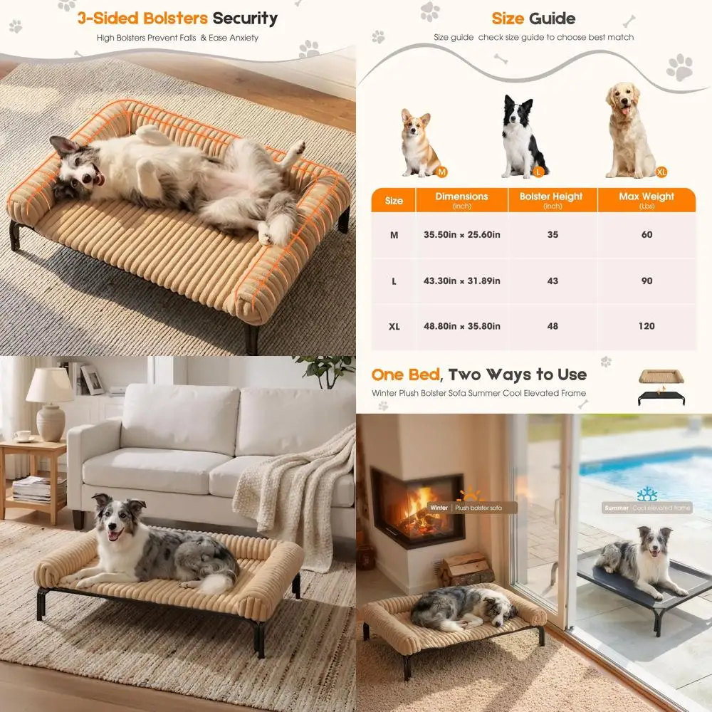 

Khaki Raised Dog Bed with Removable Cushion, Washable Bolster, Anti-Slip Base, Breathable Mesh, 43x32