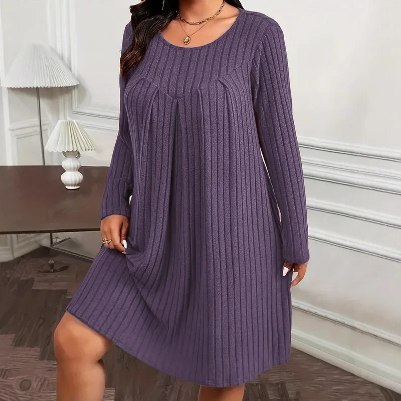New Large Size Loose Knitted Dress Women Long Sleeve A Line Party Dress Autumn Winter Solid Round Neck Casual Simple Clothing