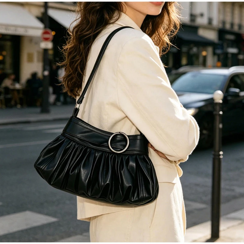 Koreanische Umhängetasche mit Polka Dots, große Tragetasche mit plissiertem Design und Holzknopf-Dekor, niedliche lässige Handtasche für Mädchen – Detail 32