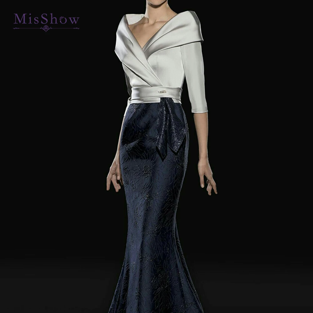 

MisShow Custom Mother of Bride Dresses - V Neck Satin & Navy Lace Mermaid Gown Elegant Evening Formal Wear for Wedding Party