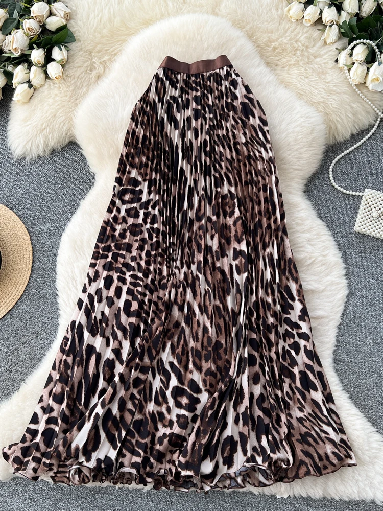 エレ ミッドレングス Aラインスカート レディース ハイウエスト 着痩せ プリーツ 通勤スカート レオパード柄 スレシ カジュアル ポリエステル...