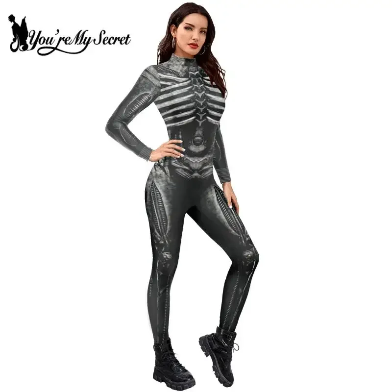 [You're My Secret] Halloween Skeleton Costume Bodysuit 3D Stretch Skinny Jumpsuit Womens Rompers Party Zentai Outfit Catsuit