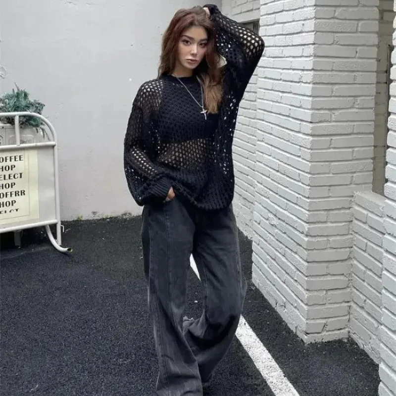 Sexy Hollow Out Knit T-shirt Women Y2K Casual Loose Fishing Net Long Sleeve Female Top Summer Street White Lady Pullovers Tops