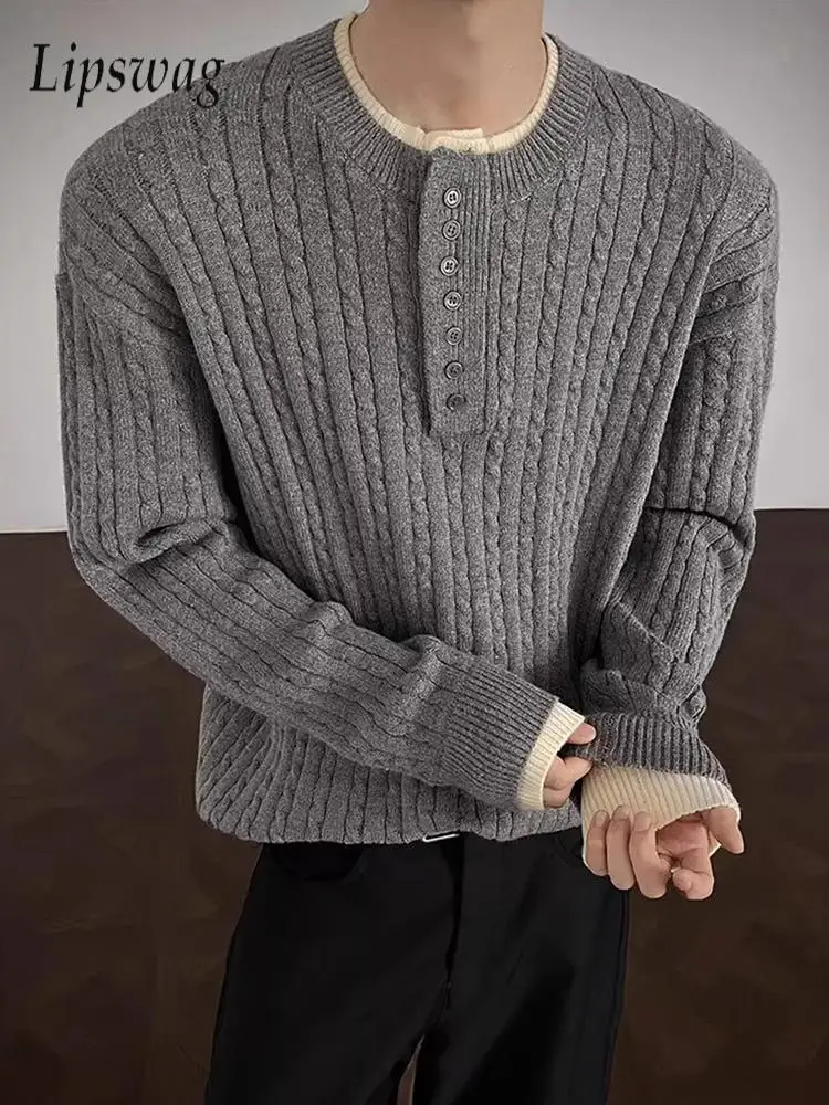 

Стильный мужской свитер, весенне-осенний модный текстурированный жаккардовый вязаный джемпер, мужские винтажные лоскутные свитера на пуговицах с вырезом на пуговицах