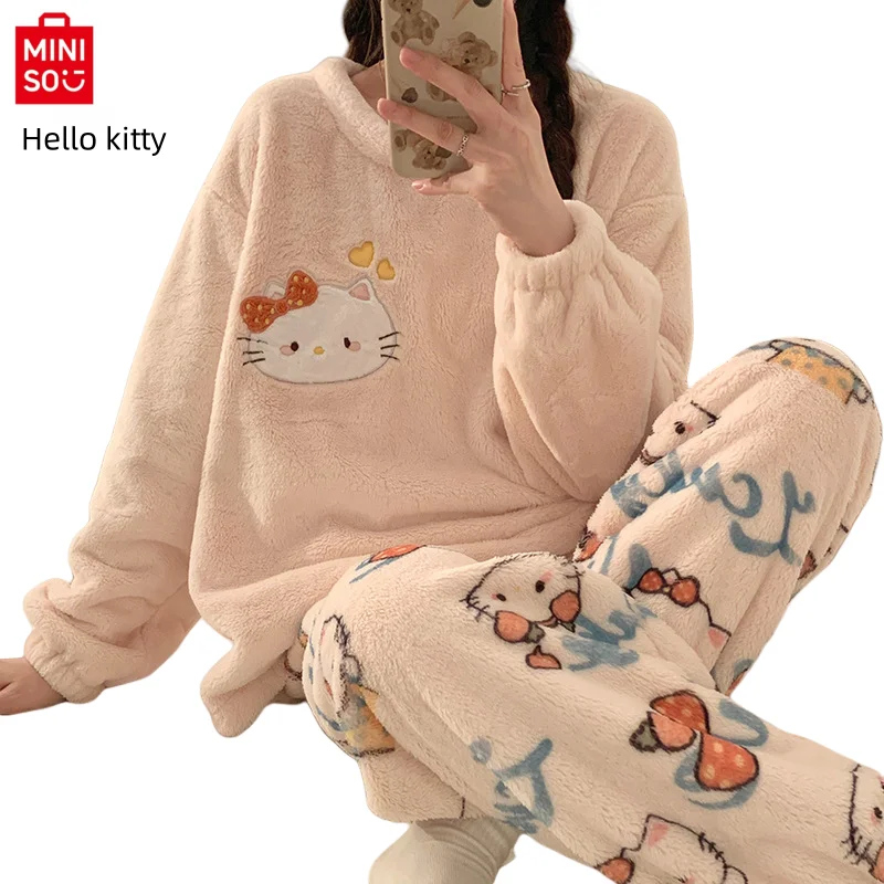 Miniso Paqia Dog Meileti Autumn and Winter Coral Velvet Cartoon Cute Thick Loose Two piece Home Clothes Can be worn externally