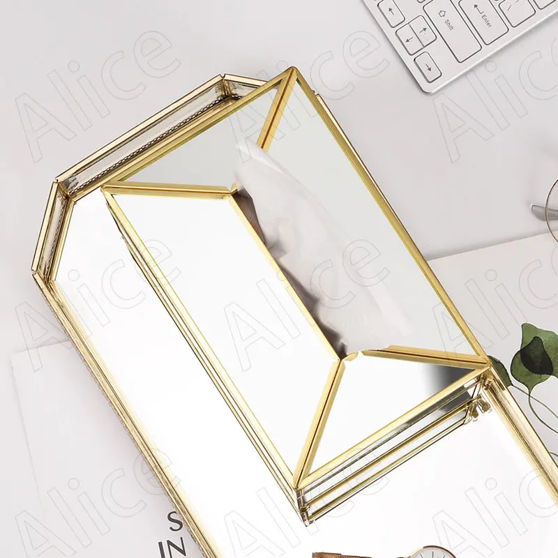 

Northern Europe Glass Tissue Box Light Luxury Brass Edge Decorative Paper Boxes Desktop Mirror Tissues Organizer Home Decoration