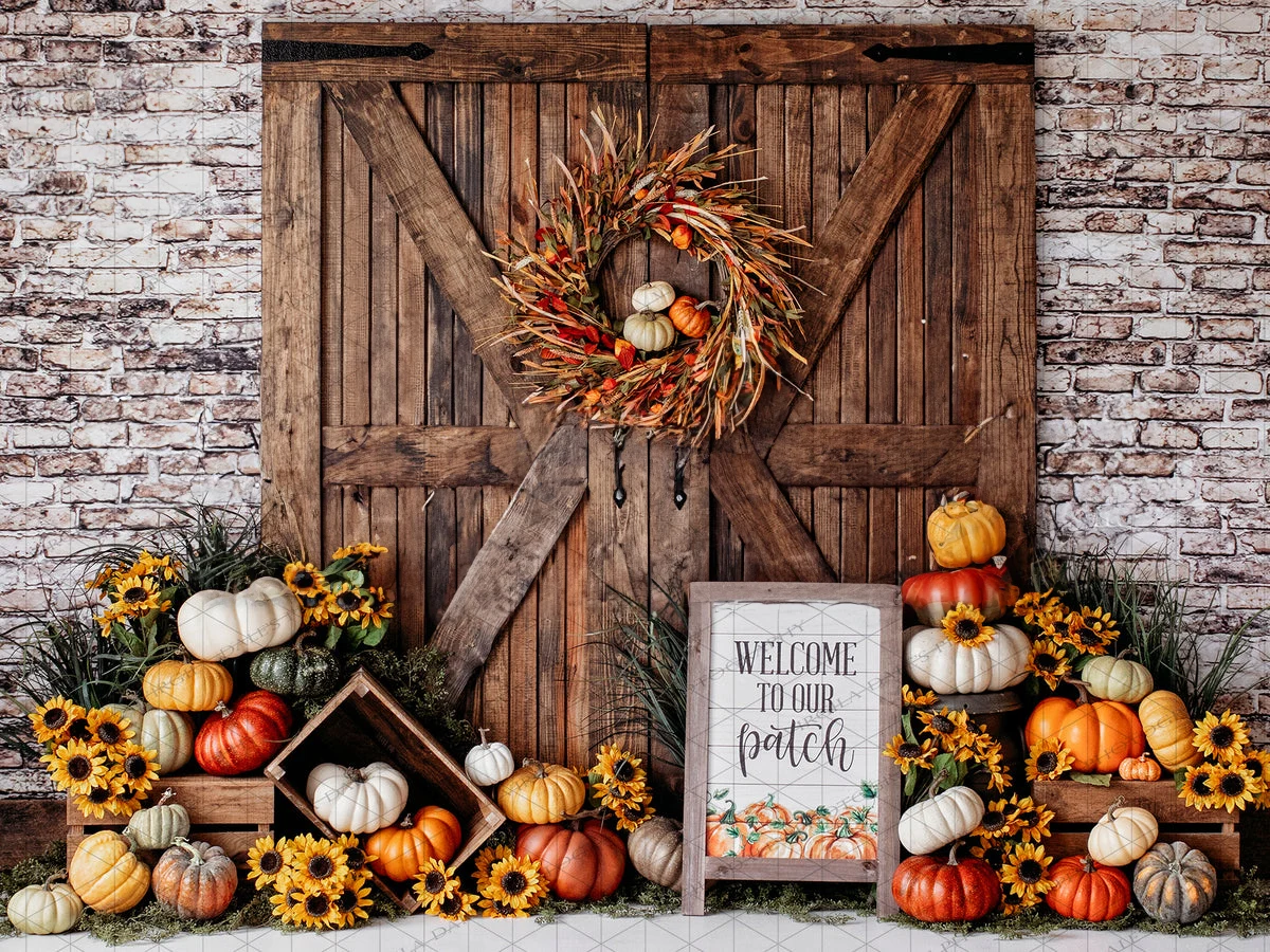 barn Door Pumpkin Patch Sunflower Brick Wall backdrops High quality computer print halloween Photography Studio Backgrounds