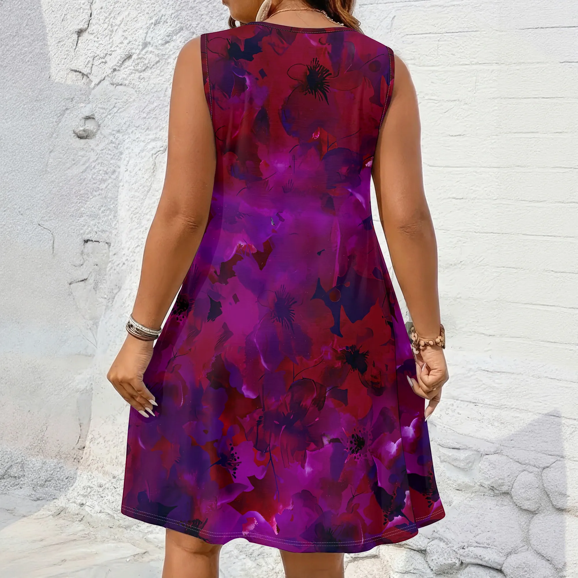 Lebhaftes Lila, Ärmelloses Kleid, Blumenmuster, V-Ausschnitt-Design, A-Linien-Schnitt, Sommerliche Freizeitkleidung, XL-5XL – Detail 5