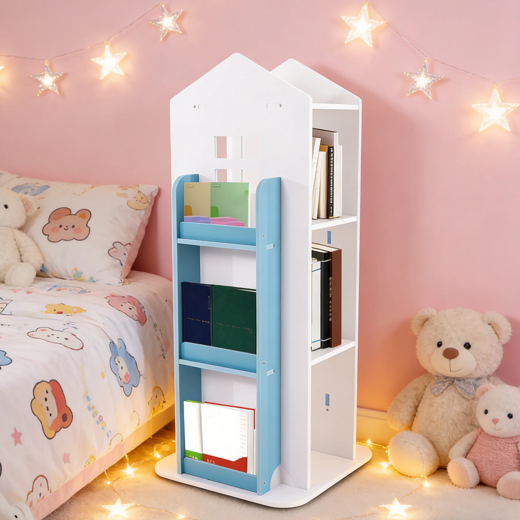 

360 ° Вращающийся книжный шкаф для детей, угловой книжный шкаф в форме замка для учебников, игрушек, для гостиной, спальни