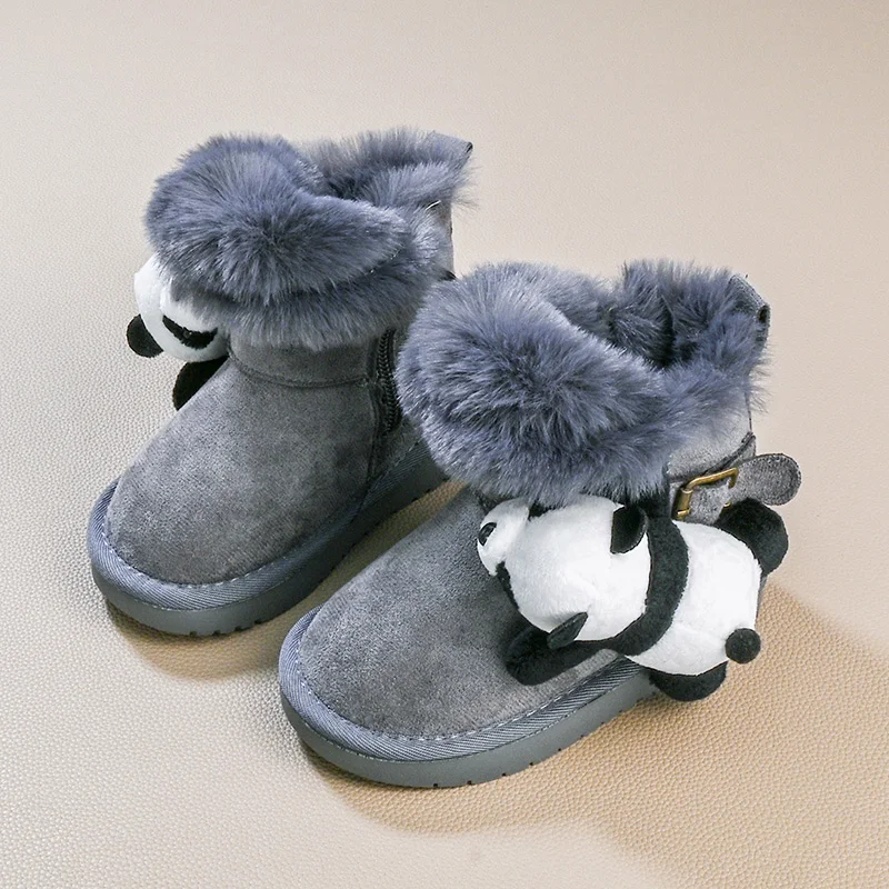 

New Cute Children's Winter Boots Gray Furry Panda Girls Fashion Ankle Snow Boots Warm Soft Kids Outdoor Platform Cotton Boots