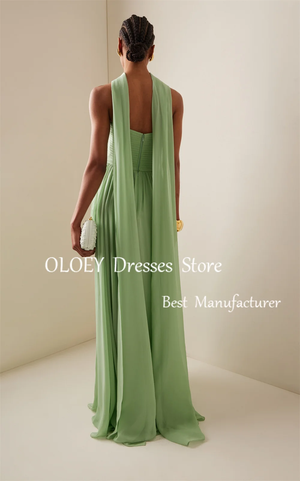 OLOEY Strapless Green Evening Gown Pleats Chiffon Floor Length Formal Dress With Scarf Prom Party Maxi Dress Zip Back Customized