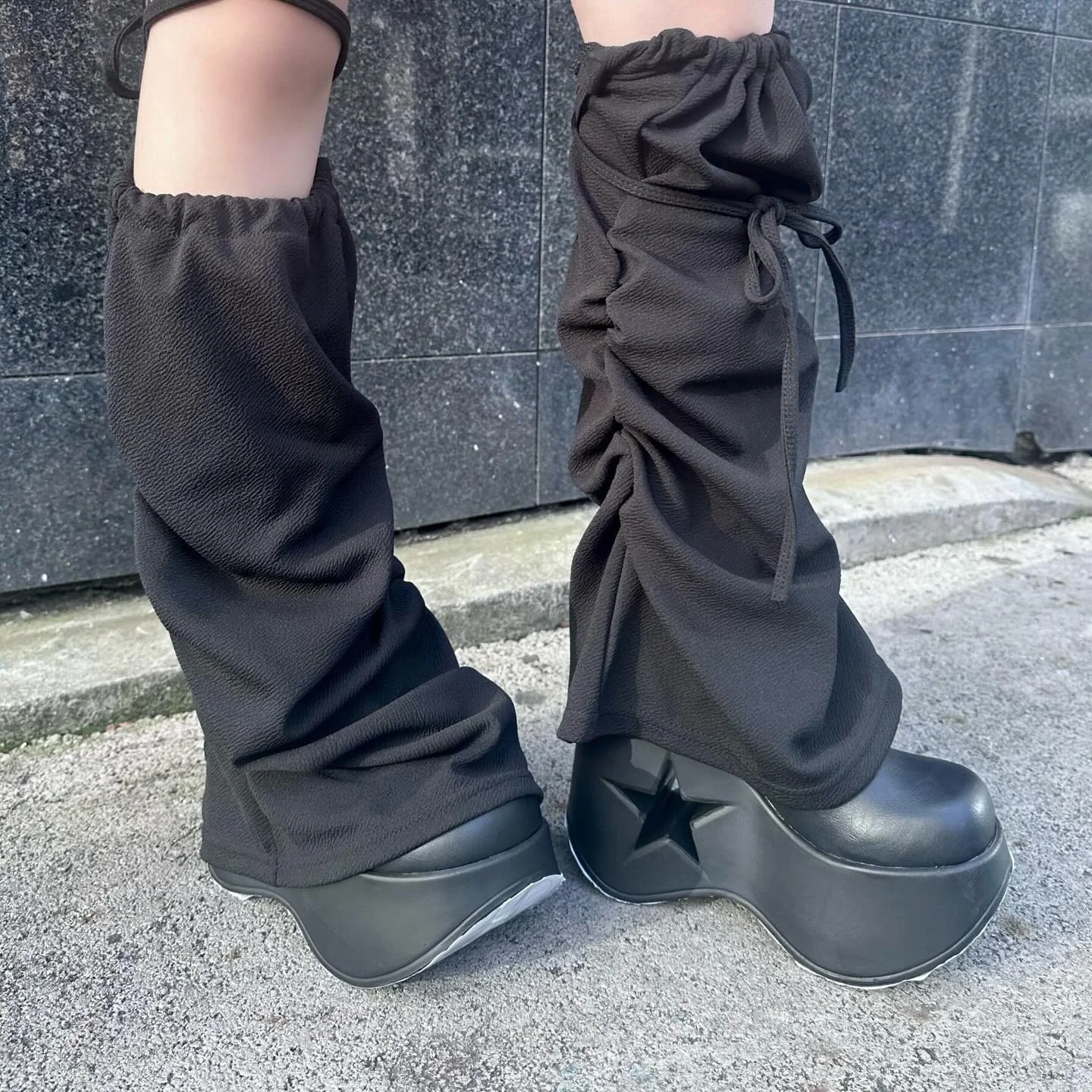 

Black PU Leather Mary Jane Platform Wedges High Heels Round Toe Cutout Star Design Women Shoes for Gothic Streetwear Lolita Y2k