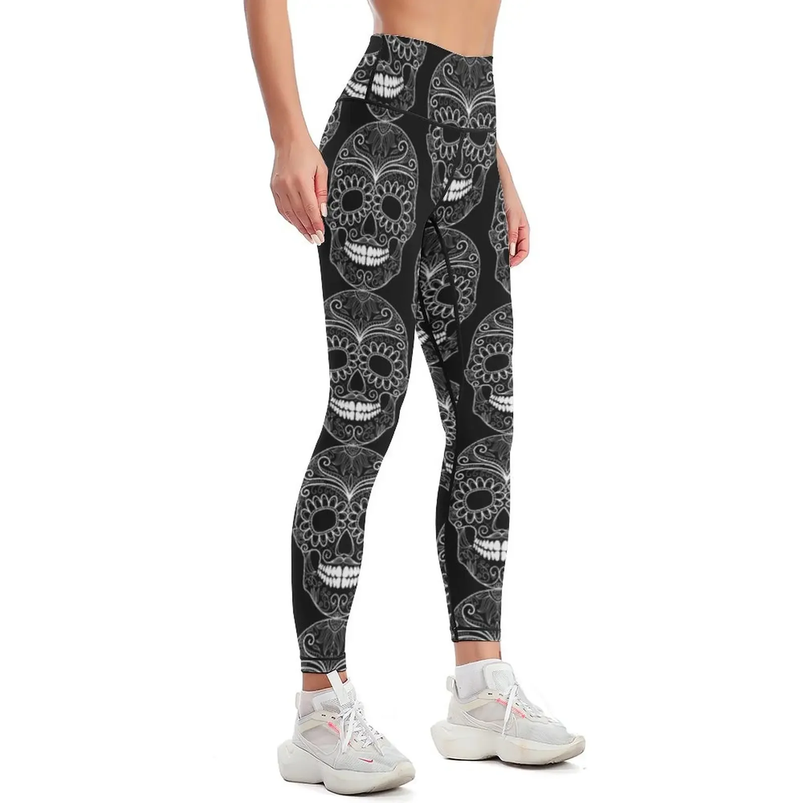 Leggings con contorno bianco con teschio del giorno dei morti Abbigliamento sportivo da donna legging push up Leggings da donna