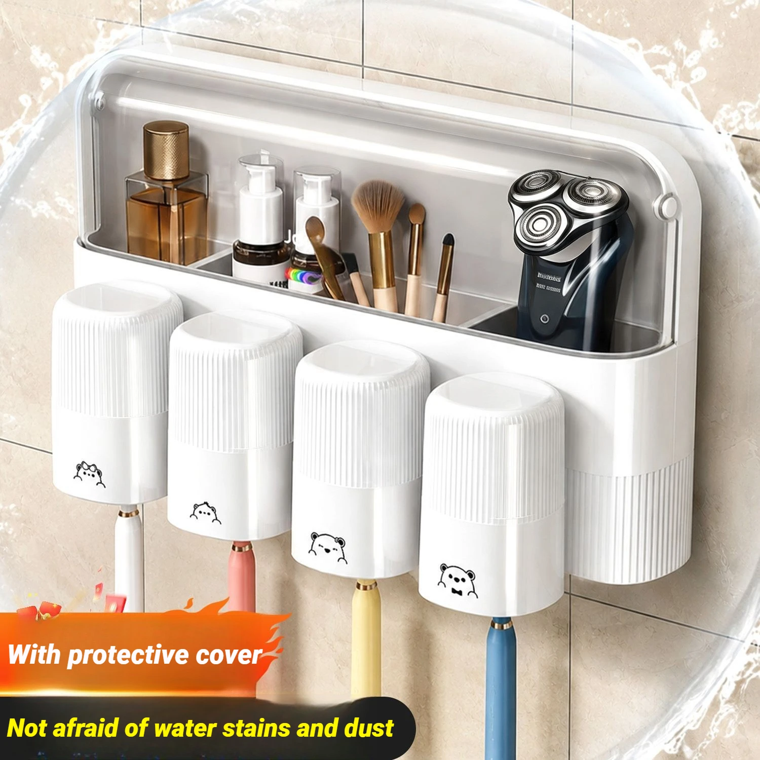 Wall Mounted Toothbrush Holder Family Set Toothpaste Dispenser 3&4 Cups Dust Proof Shelf Organizer No Drill Bathroom Accessories