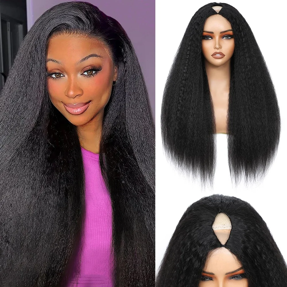 Ready To Wear Upgrade Glueless V Part Wig Human Hair No Leave Out 200 Density Kinky Straight Human Hair Wig For Women 30 32 Inch