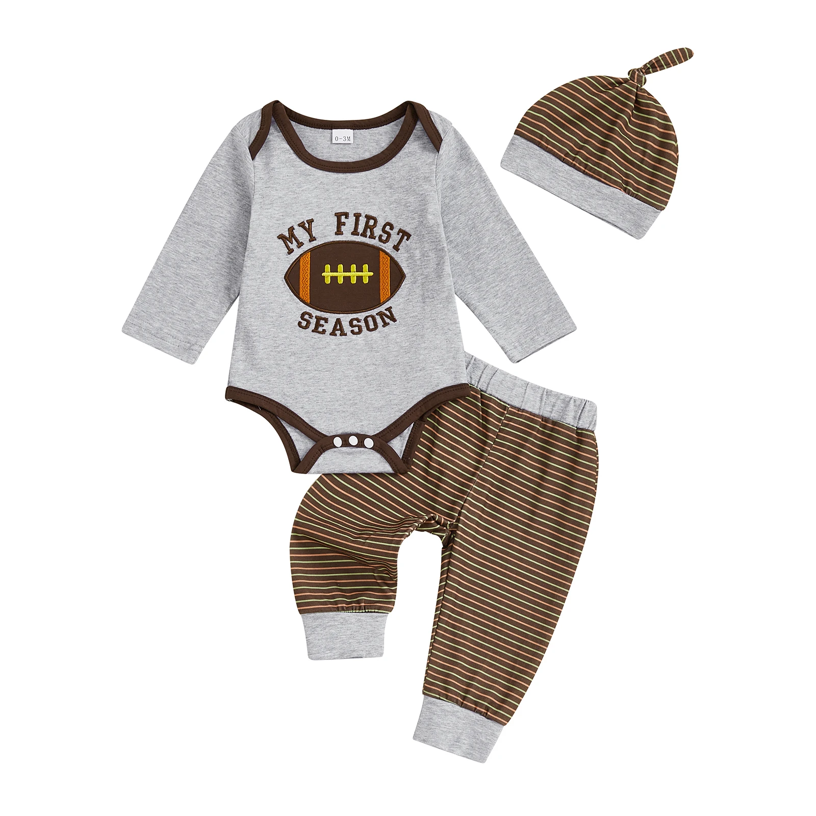 

Baby Boy s Fall Sets Rugby and Letter Embroidery Long Sleeve Romper Elastic Waist Striped Pants and Hat 3Pcs Outfits