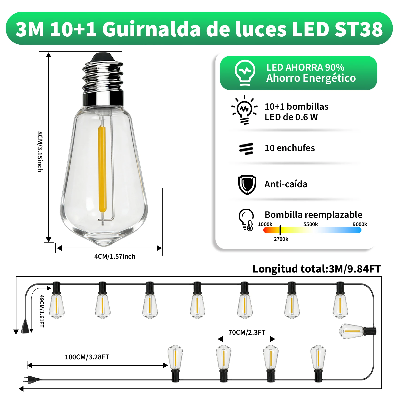 Guirlande Lumineuse Extérieure ST38 LED Guirlande Électrique Étanche IP44 Style Rétro Vintage pour Jardin Terrasse Mariage Noël Ampoules Remplaçables Connectable 3M 7.6M 15M 30M HOLALED