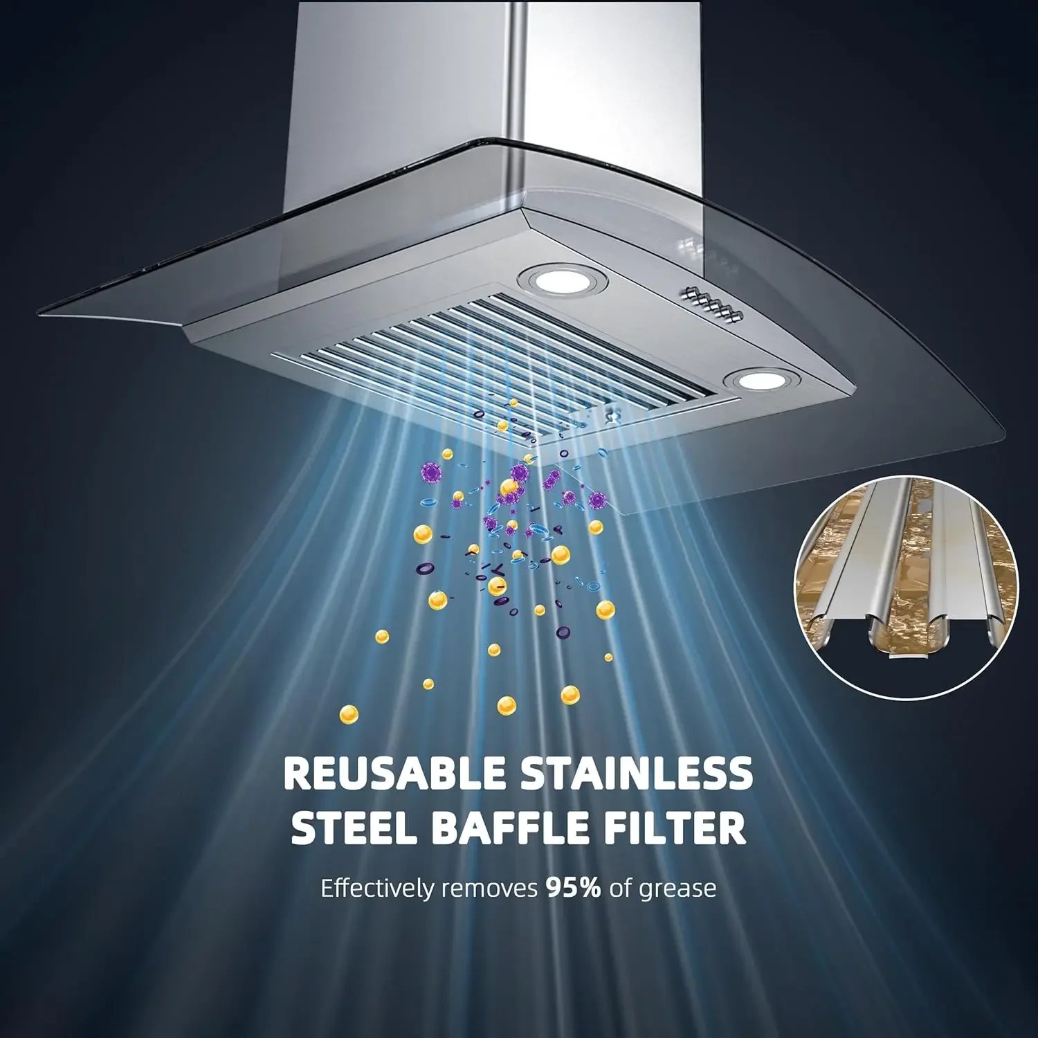 Hood 30 Inch, FIREGAS Ducted/Ductless Convertible Wall Mount Range Hood with Tempered Glass, 3 Speed Fan, 400CFM, Button Control