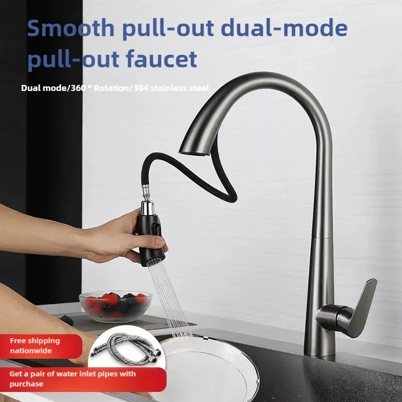 Kitchen Hot and Cold Faucet Pull-Out Stainless Steel Dual Outlet Sink Faucet Mixer Tap 360-Degree Rotatable Kitchen Faucet